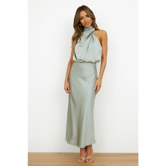 HELLO MOLLY SWITCH OVER SATIN MAXI DRESS SAGE Sz L - Picture 2 of 10